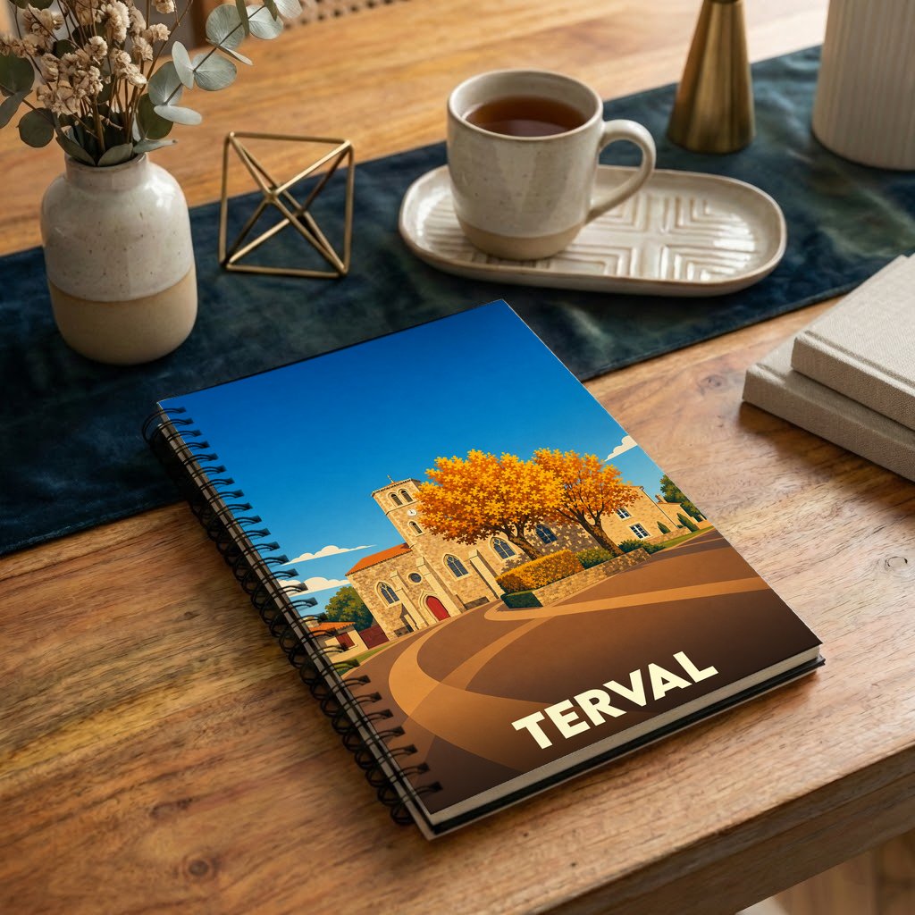 Carnet à spirale souvenir de la ville de Terval avec une illustration stylisée d'une église sous un ciel bleu.