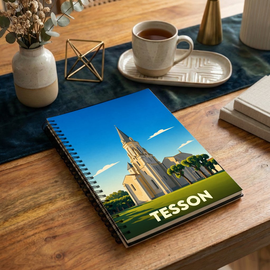 Carnet à spirale souvenir de la ville de Tesson avec une illustration stylisée de son église sous un ciel bleu.