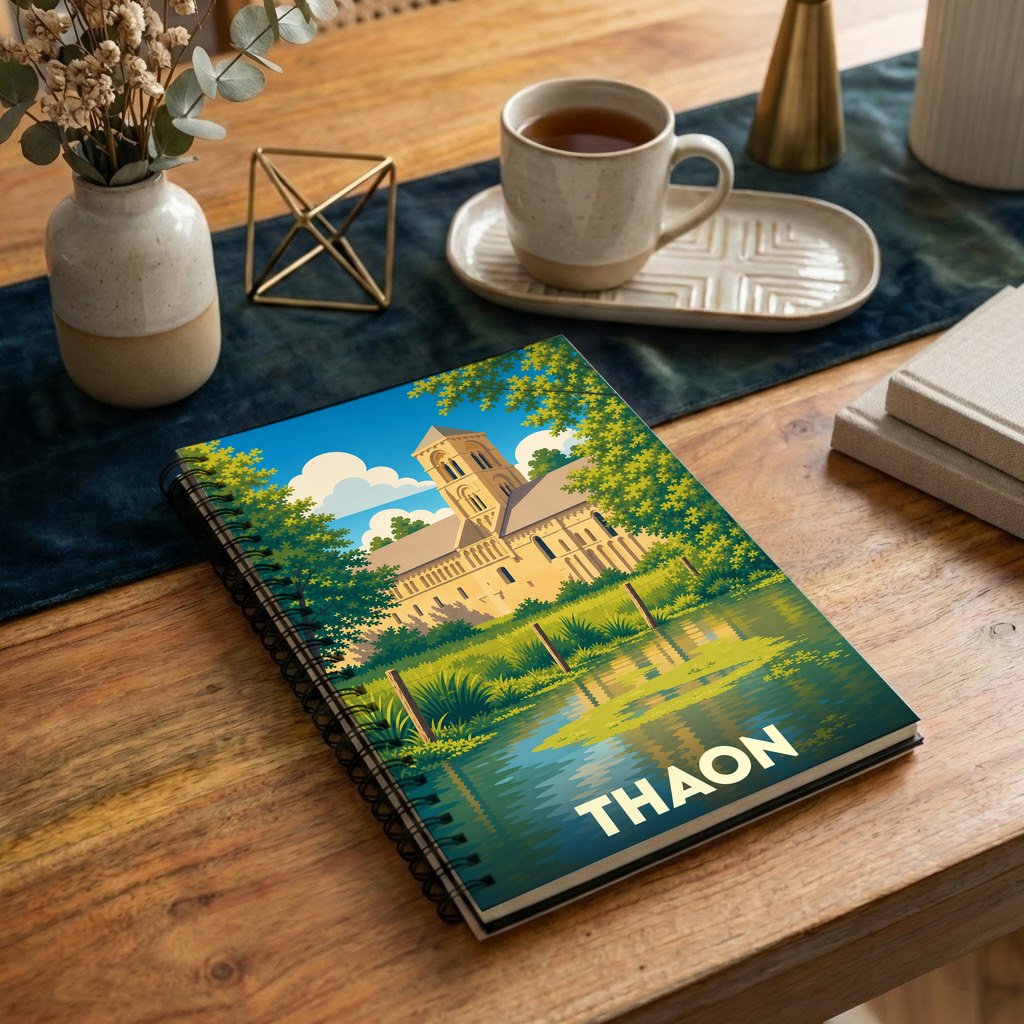 Carnet souvenir de la ville de Thaon avec une illustration stylisée de son église au bord de l'eau.