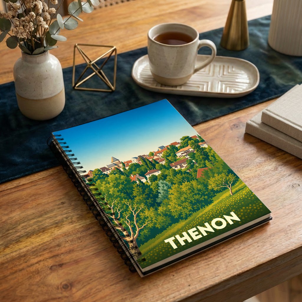 Carnet souvenir de la ville de Thenon avec une illustration paysagère stylisée.