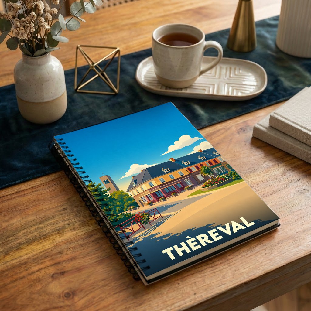 Carnet à spirales souvenir de la ville de Thèreval avec une illustration stylisée d'un paysage urbain.