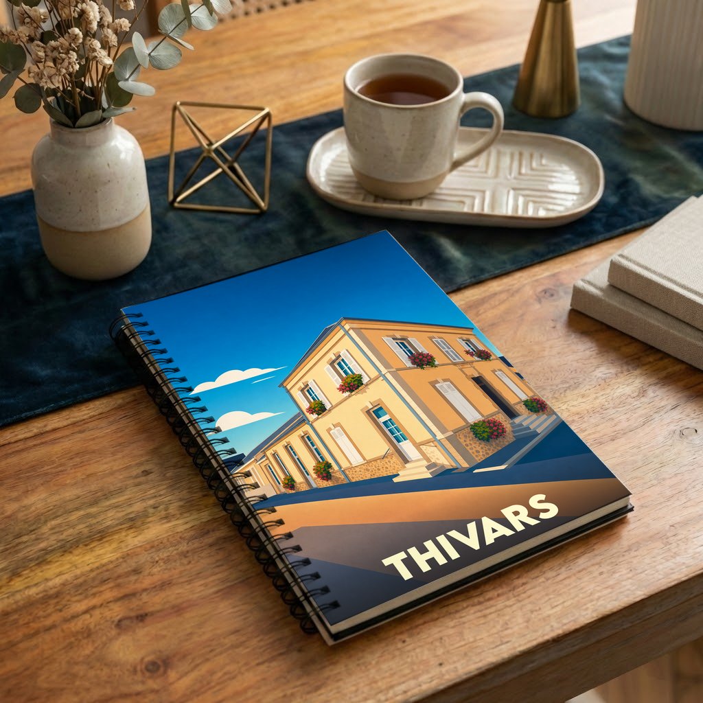 Carnet à spirales souvenir de la ville de Thivars avec une illustration stylisée.