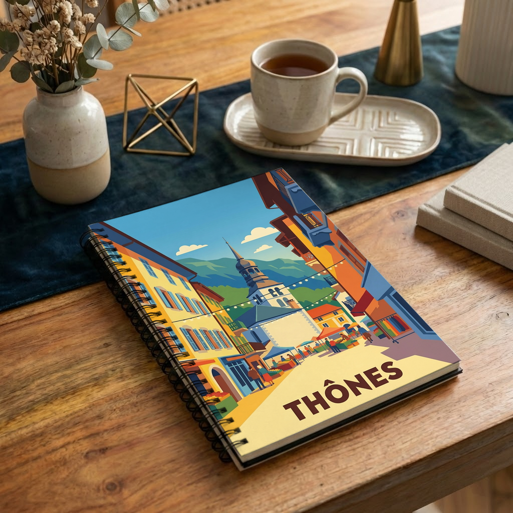 Carnet souvenir de la ville de Thônes avec une illustration stylisée.