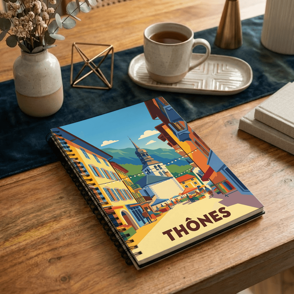 Carnet souvenir de la ville de Thônes avec une illustration stylisée.
