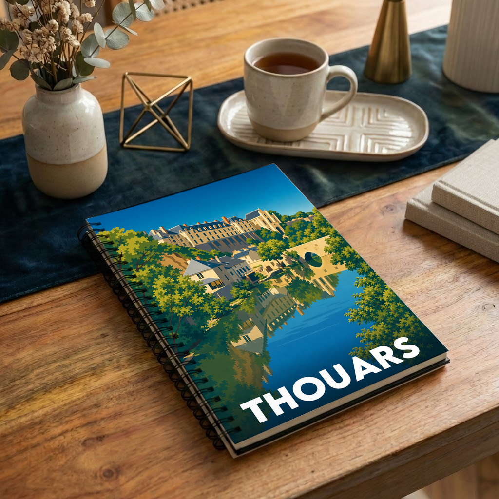 Carnet souvenir de la ville de Thouars avec une illustration stylisée.