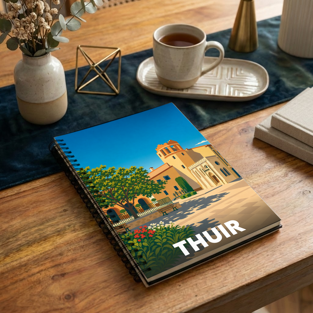 Carnet souvenir de la ville de Thuir avec une illustration stylisée d'une place ensoleillée.