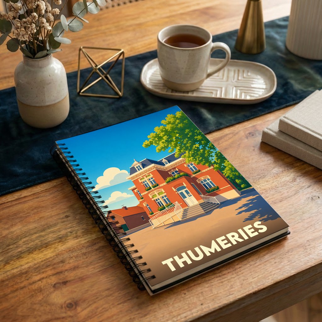 Carnet à spirales souvenir de la ville de Thumeries avec une illustration stylisée.