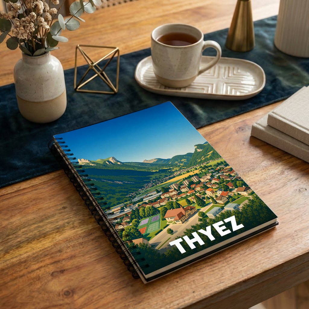 Carnet à spirales souvenir de la ville de Thyez avec une illustration panoramique stylisée.