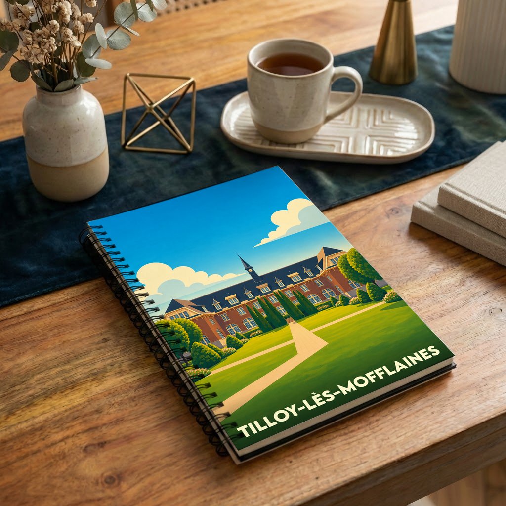 Carnet à spirales souvenir de la ville de Tilloy-lès-Mofflaines avec une illustration stylisée de son patrimoine.