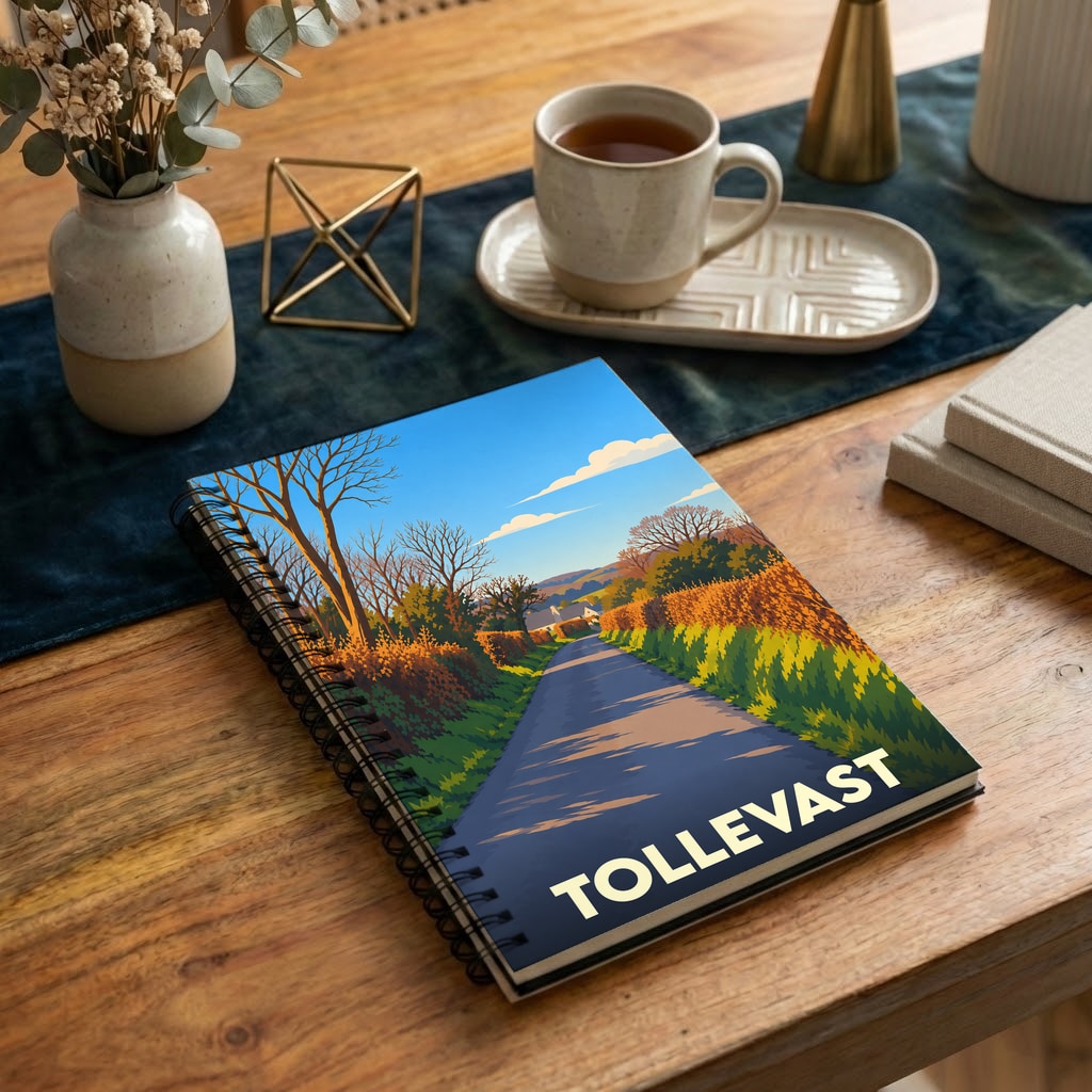 Carnet à spirales souvenir de la ville de Tollevast avec une illustration de paysage stylisée.