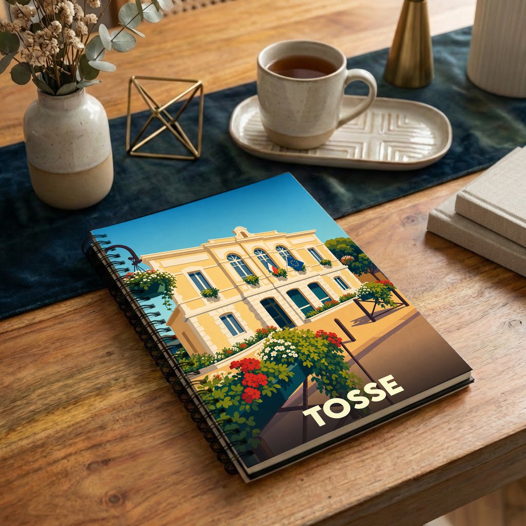 Carnet de notes souvenir de la ville de Tosse avec une illustration stylisée de sa mairie fleurie.