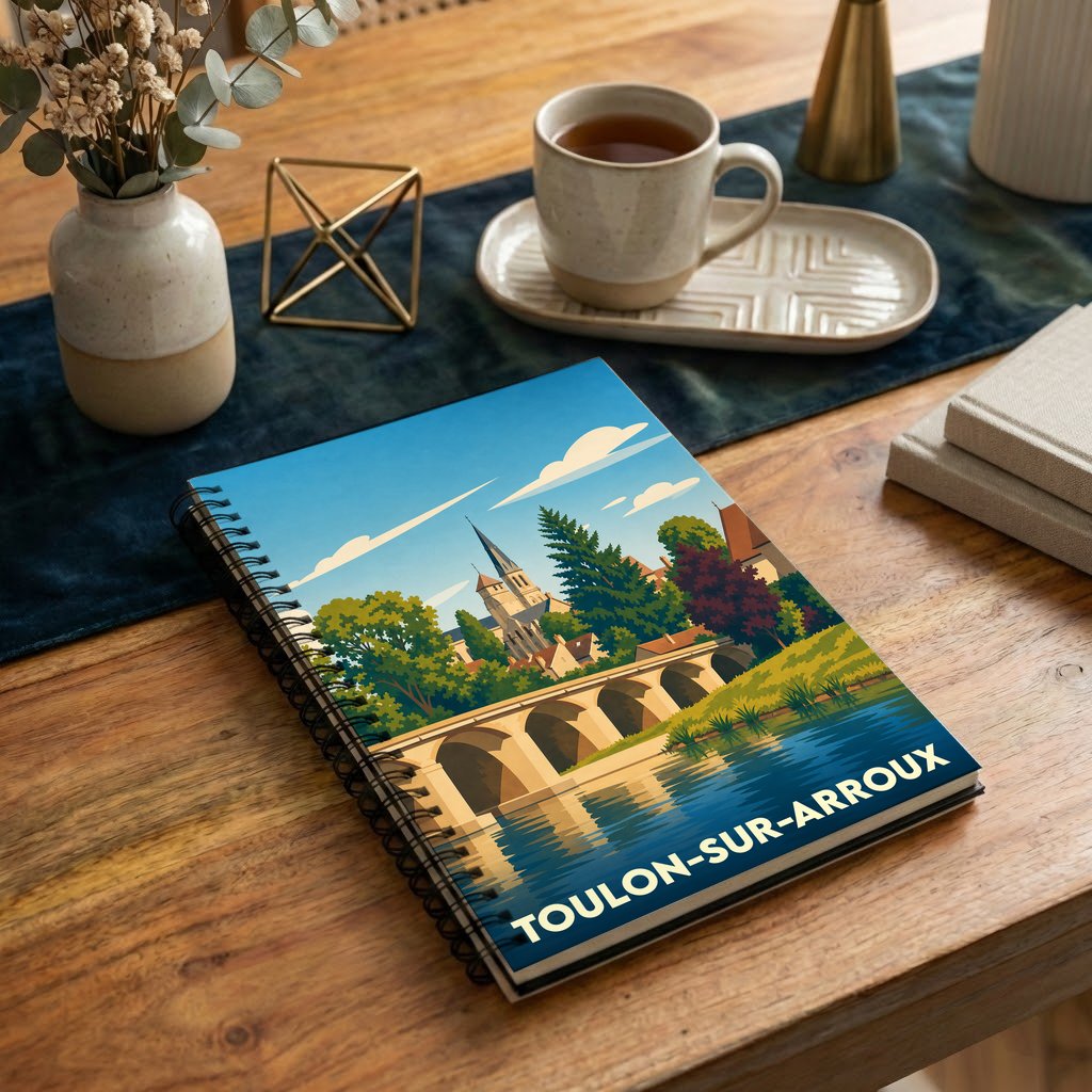 Carnet souvenir de la ville de Toulon-sur-Arroux avec une illustration stylisée de son pont et de son église.
