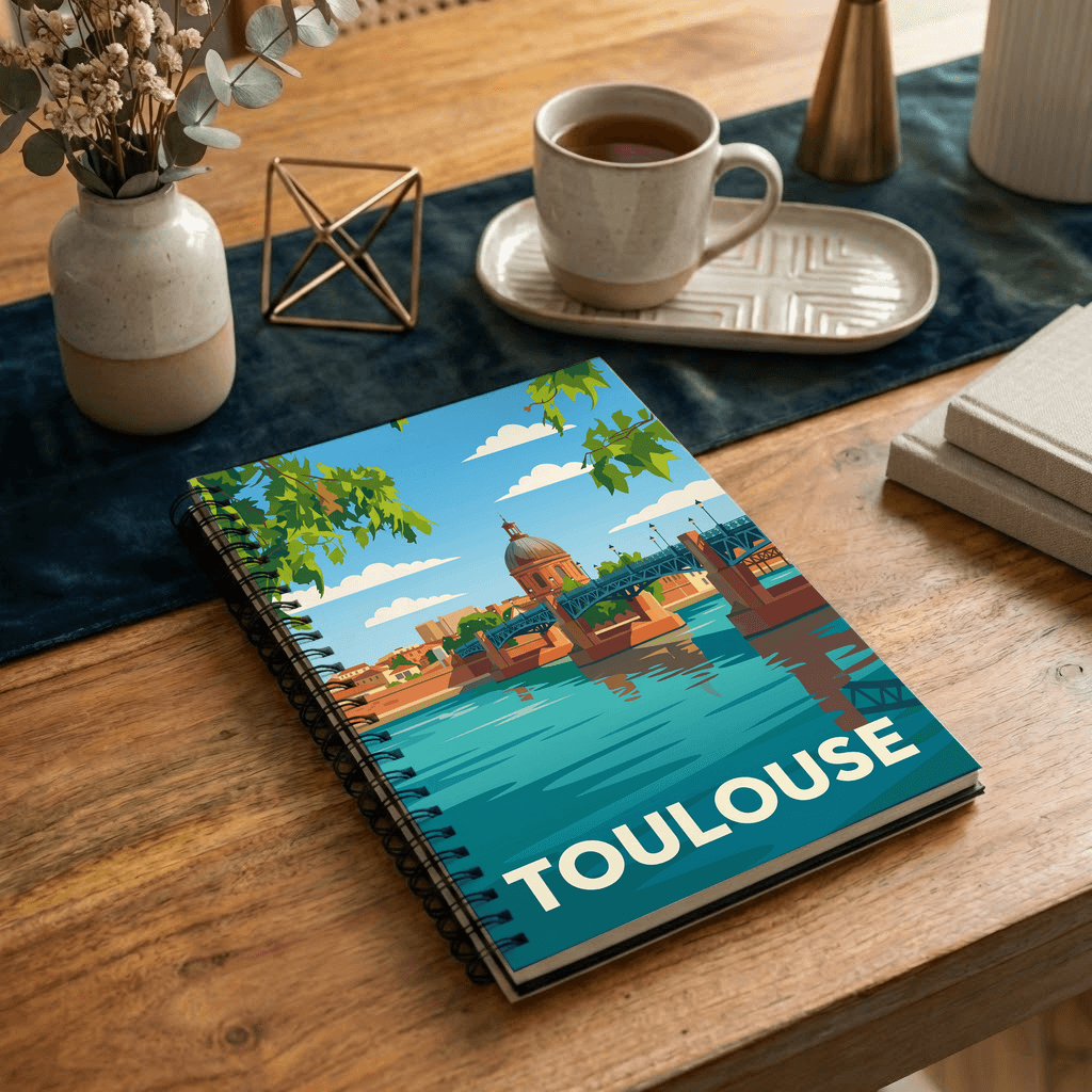 Carnet souvenir de la ville de Toulouse avec une illustration stylisée.