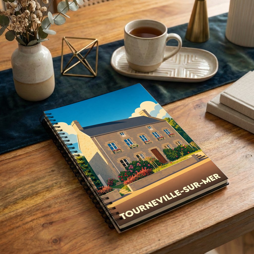Carnet souvenir de la ville de Tourneville-sur-Mer illustré par une maison côtière stylisée.