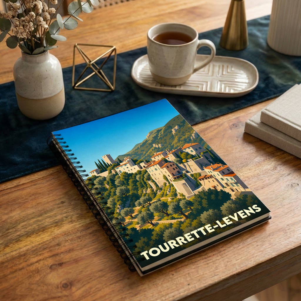 Carnet à spirales souvenir de la ville de Tourrette-Levens avec une illustration stylisée de ses paysages.