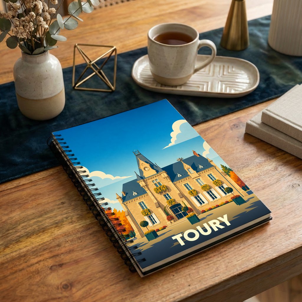 Carnet souvenir de la ville de Toury illustré par une vue stylisée de son hôtel de ville.