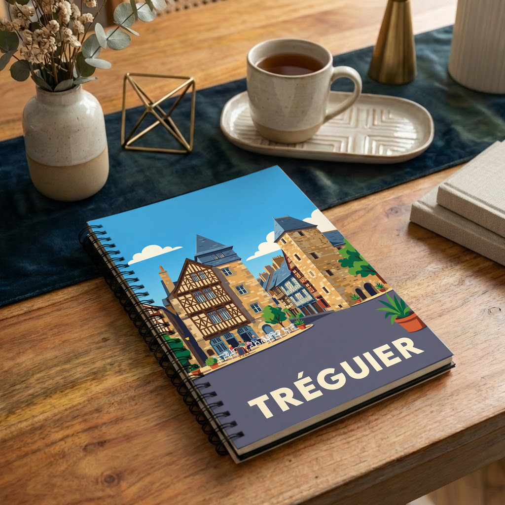 Carnet souvenir de la ville de Tréguier avec une illustration stylisée.