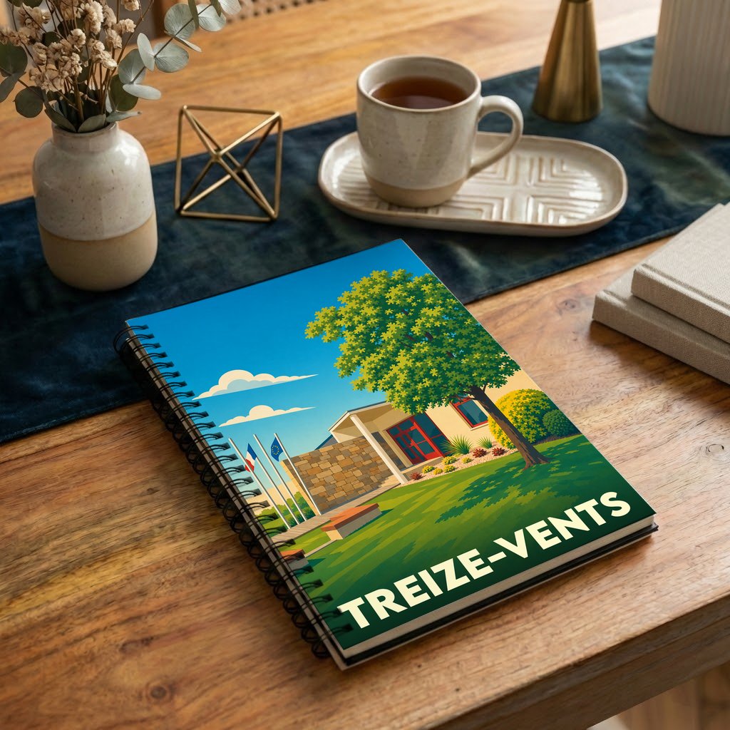 Carnet souvenir de la ville de Treize-Vents avec une illustration colorée et stylisée.