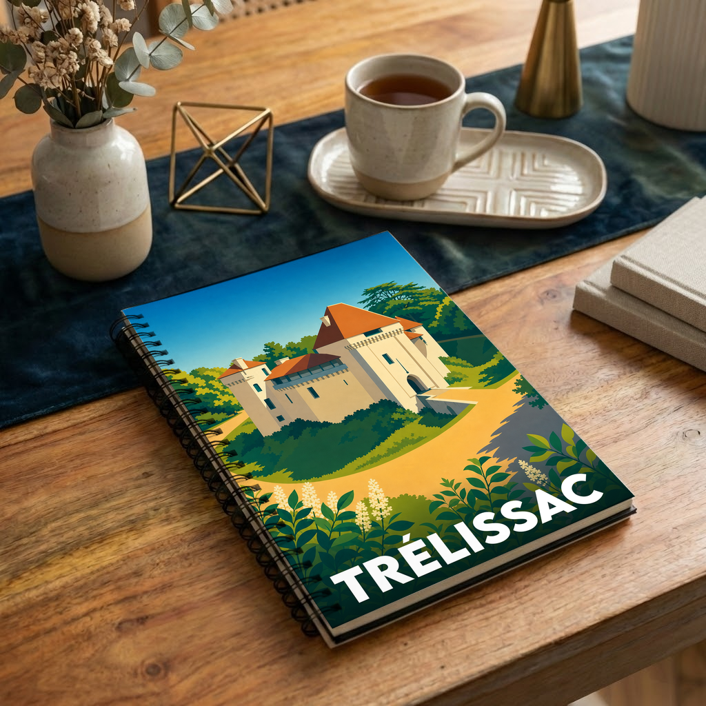 Carnet à spirales souvenir de la ville de Trélissac avec une illustration stylisée de son château.