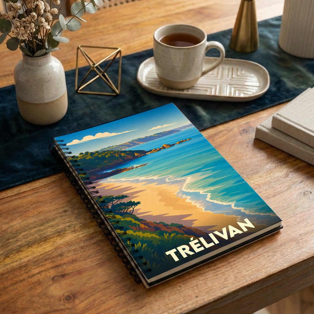 Carnet souvenir de la ville de Trélivan avec une illustration stylisée de bord de mer.