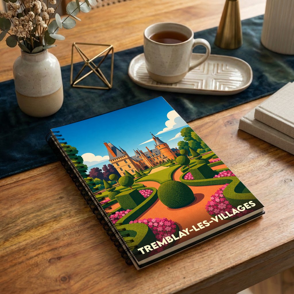 Carnet de notes à spirales souvenir de la ville de Tremblay-les-Villages avec une illustration stylisée de son château et de ses jardins.