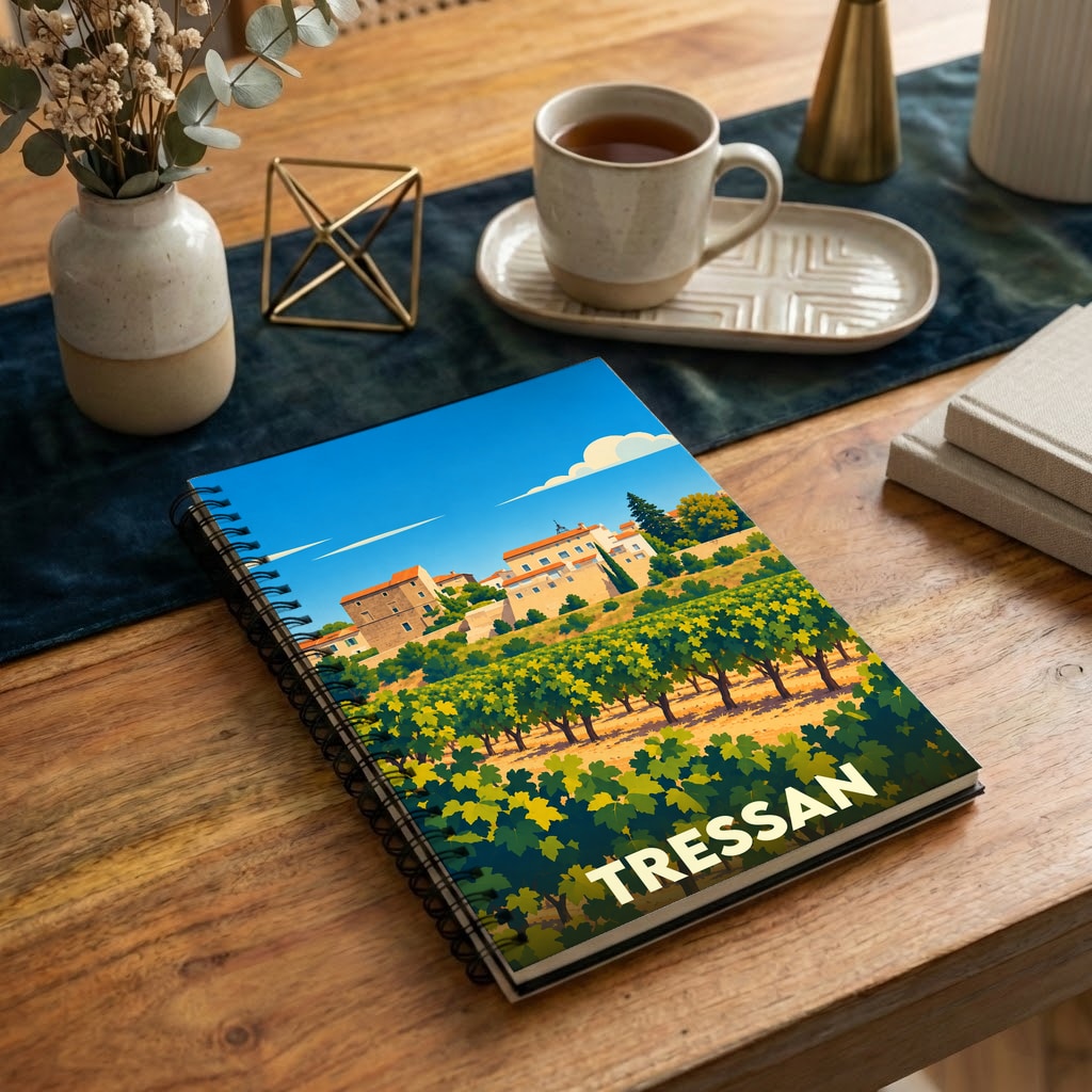 Carnet souvenir de la ville de Tressan avec une illustration stylisée d'un vignoble et de son village.