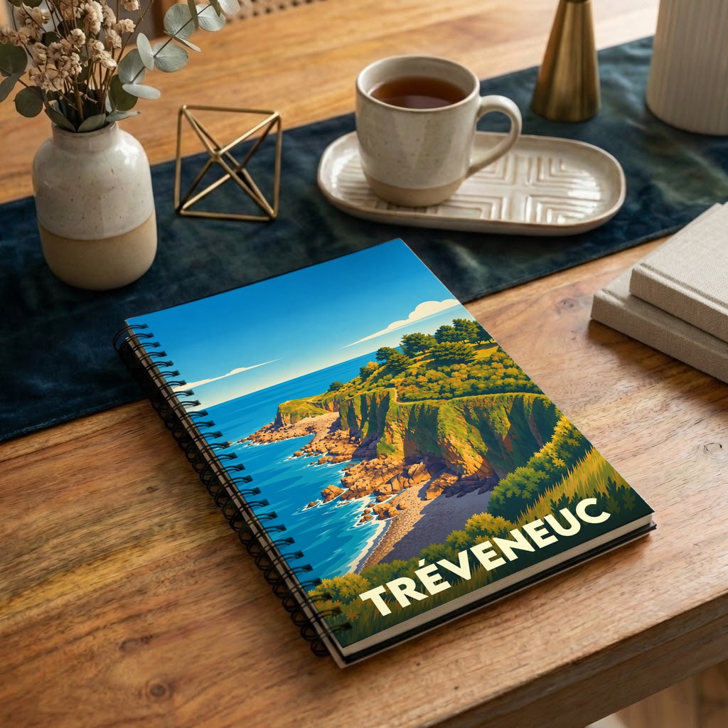 Carnet à spirale souvenir de la ville de Tréveneuc avec une illustration stylisée de son littoral escarpé.
