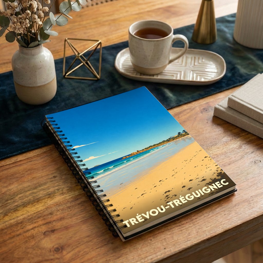 Carnet à spirales souvenir de la ville de Trévou-Tréguignec illustré par un paysage de plage stylisé.