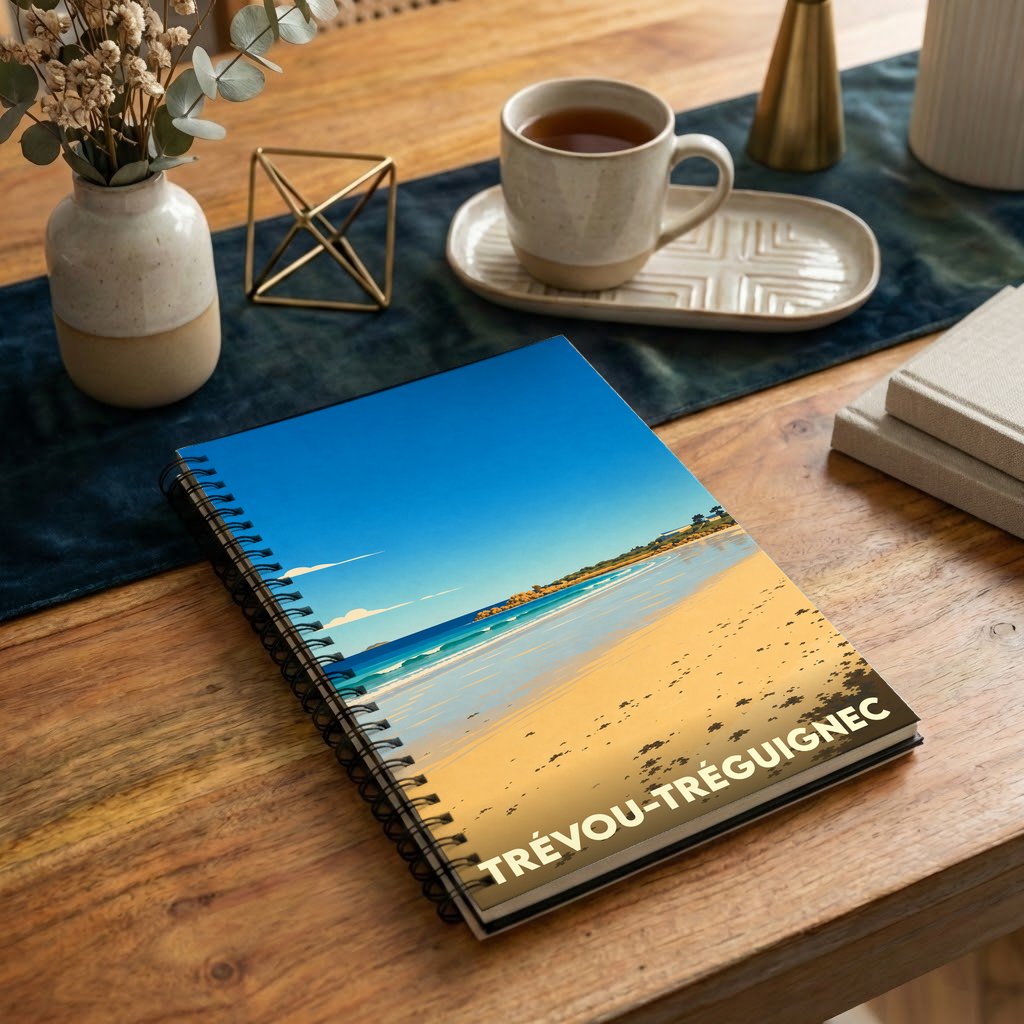 Carnet à spirale souvenir de la ville de Trévou-Tréguignec illustré par une plage ensoleillée.
