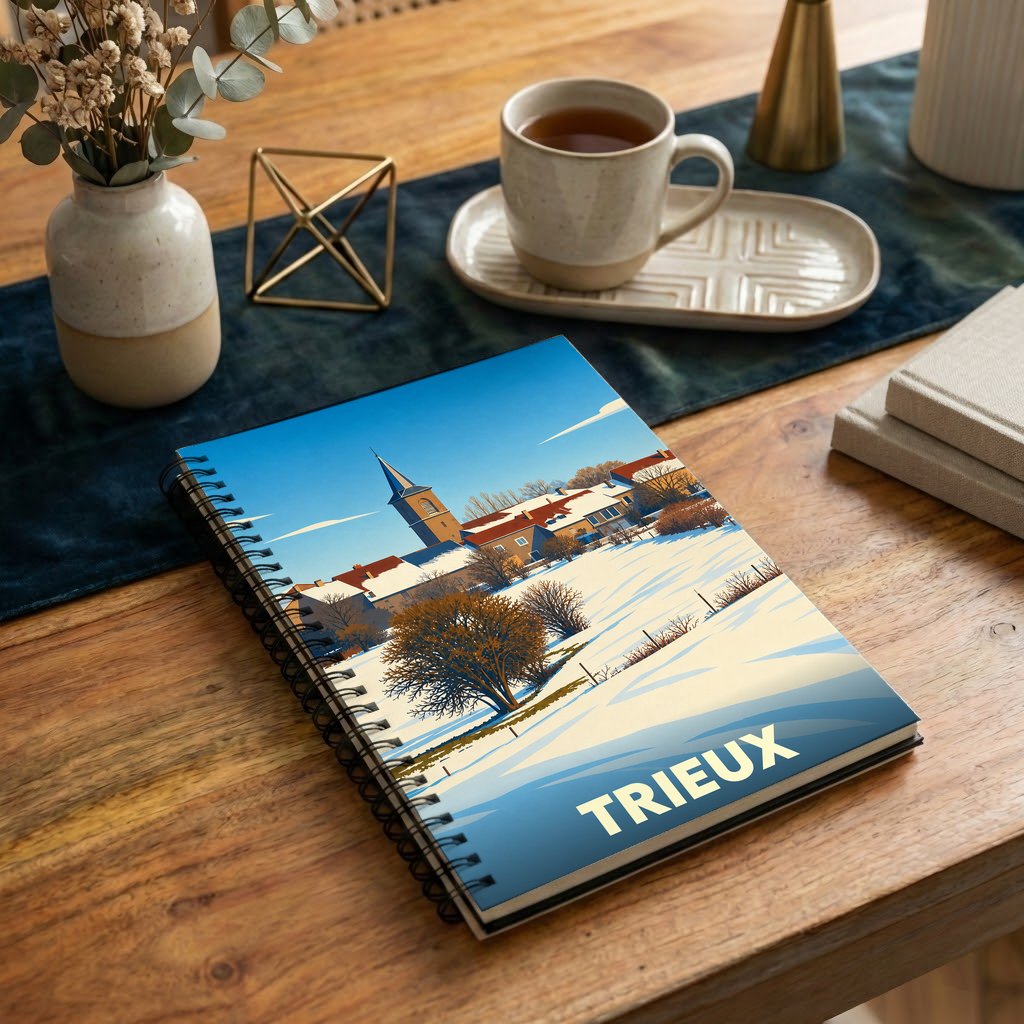 Carnet à spirales souvenir de la ville de Trieux avec une illustration hivernale stylisée.