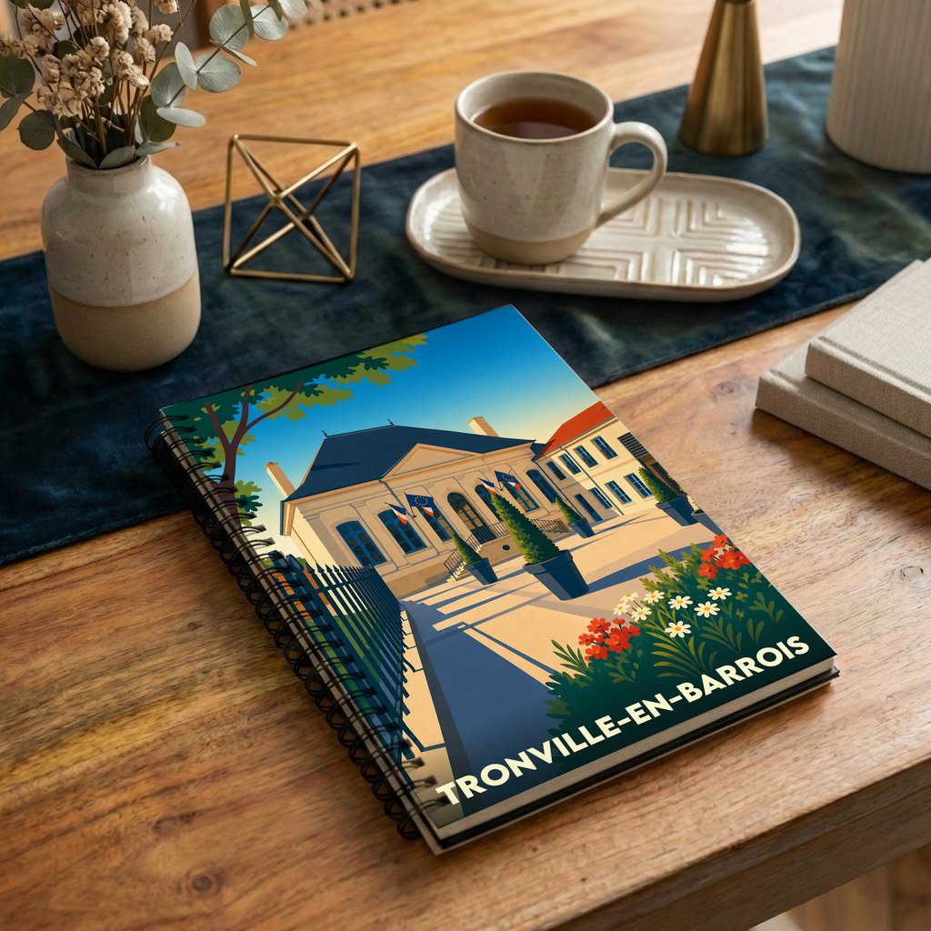 Carnet à spirales souvenir de la ville de Tronville-en-Barrois avec une illustration stylisée.