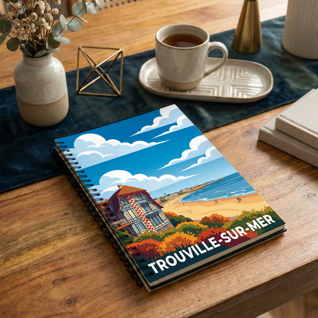 Carnet souvenir de la ville de Trouville-sur-Mer avec une illustration stylisée de son front de mer.