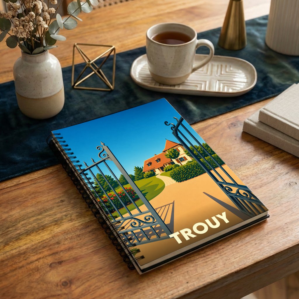 Carnet à spirales souvenir de la ville de Trouy avec une illustration stylisée d'un domaine.