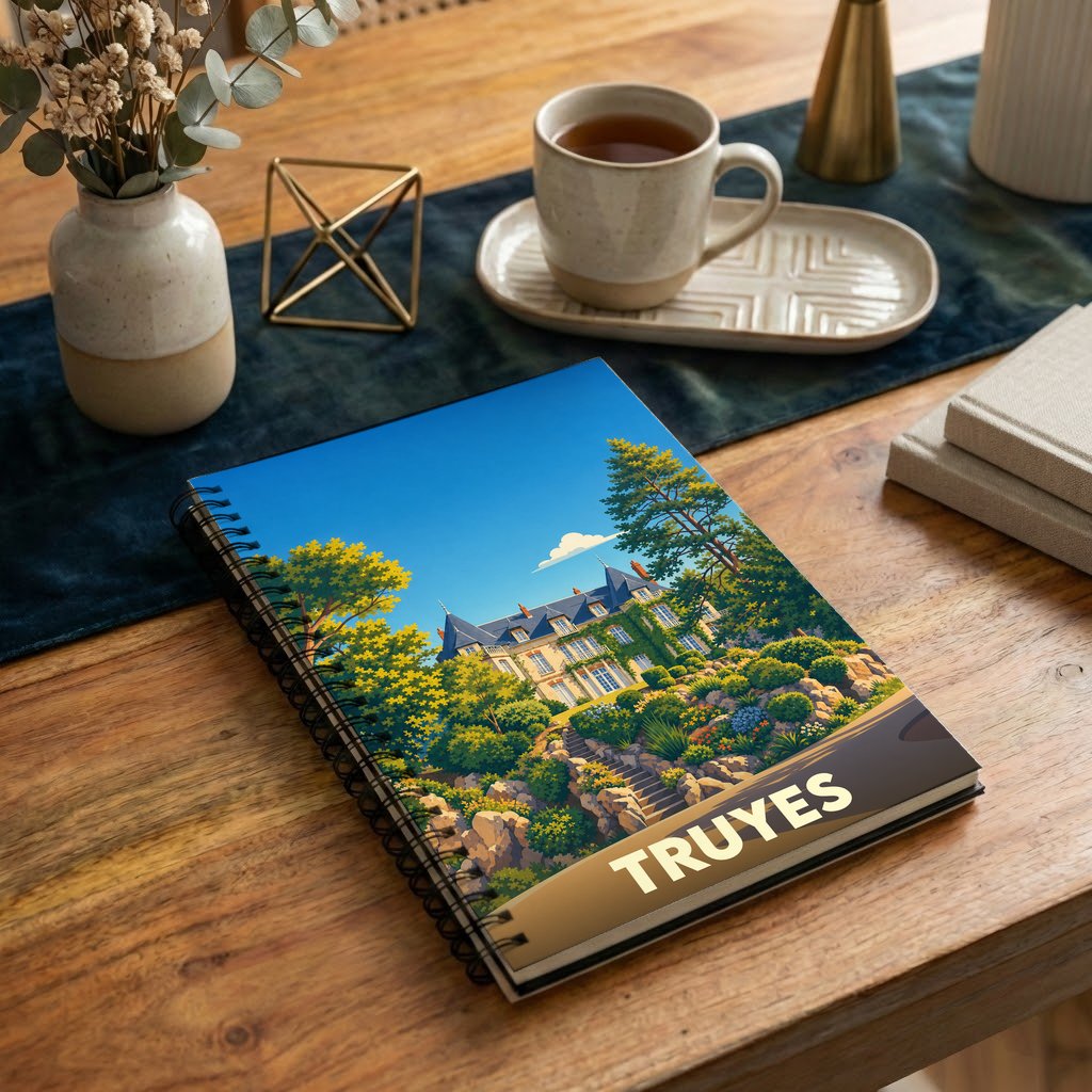Carnet à spirales souvenir de la ville de Truyes avec une illustration stylisée de son patrimoine.