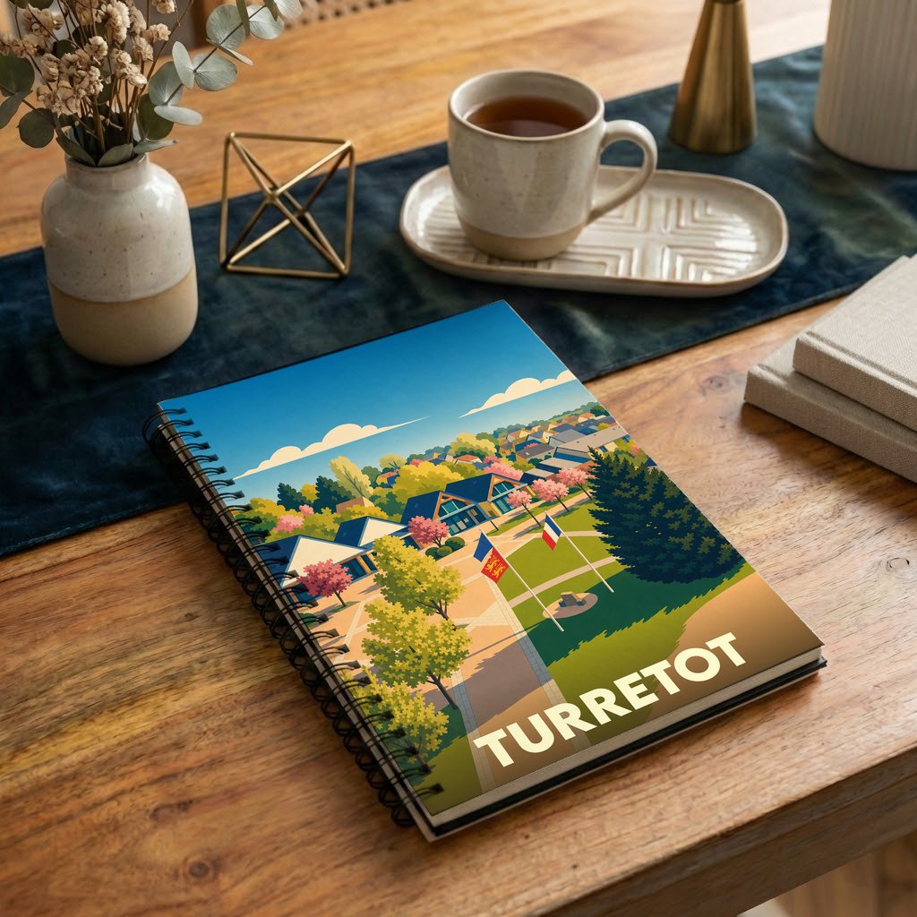 Carnet à spirales souvenir de la ville de Turretot avec une illustration colorée et stylisée.