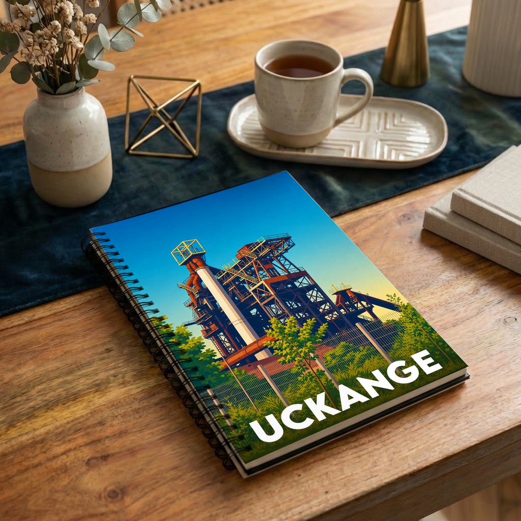 Carnet à spirales souvenir de la ville d'Uckange avec une illustration stylisée de son patrimoine industriel.