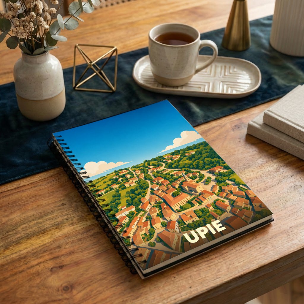 Carnet souvenir de la ville de Upie avec une illustration stylisée vue du ciel.