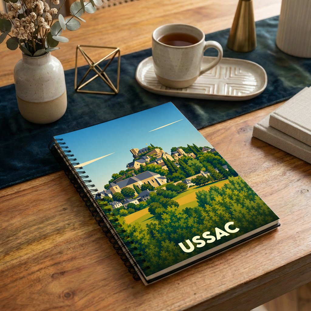 Carnet à spirales souvenir de la ville d'Ussac avec une illustration stylisée de son paysage vallonné.