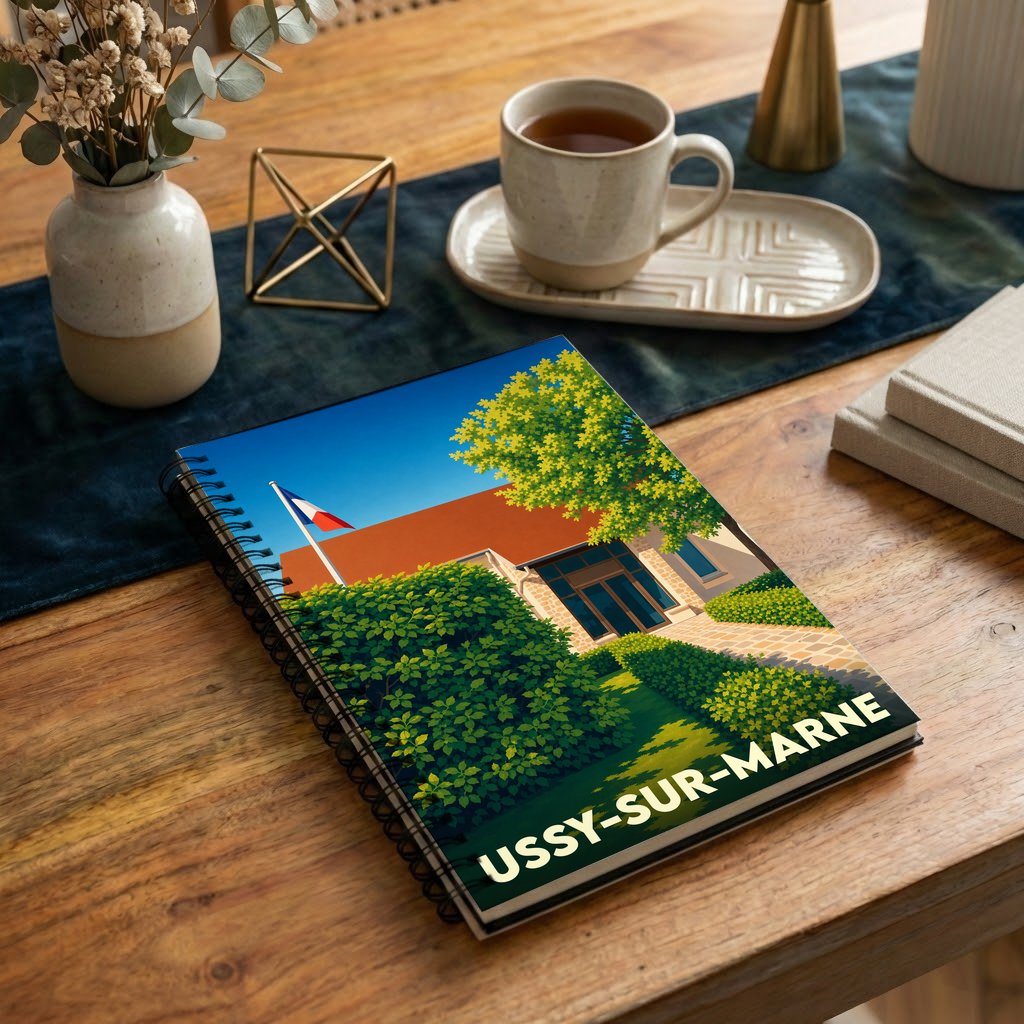 Carnet de notes à spirales souvenir d'Ussy-sur-Marne avec une illustration stylisée d'un bâtiment sous un ciel bleu.