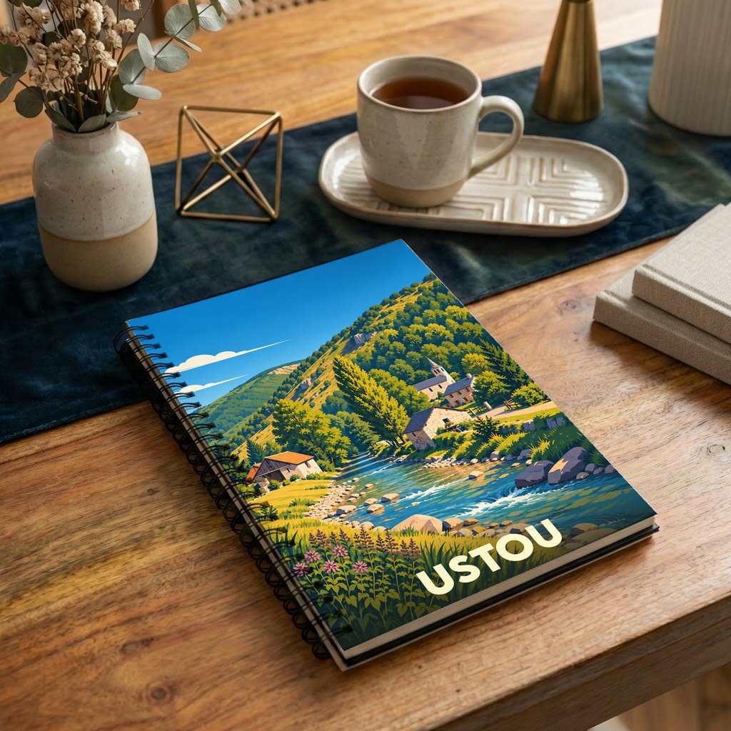 Carnet souvenir de la ville d'Ustou avec une illustration stylisée d'un paysage de montagne et d'une rivière.
