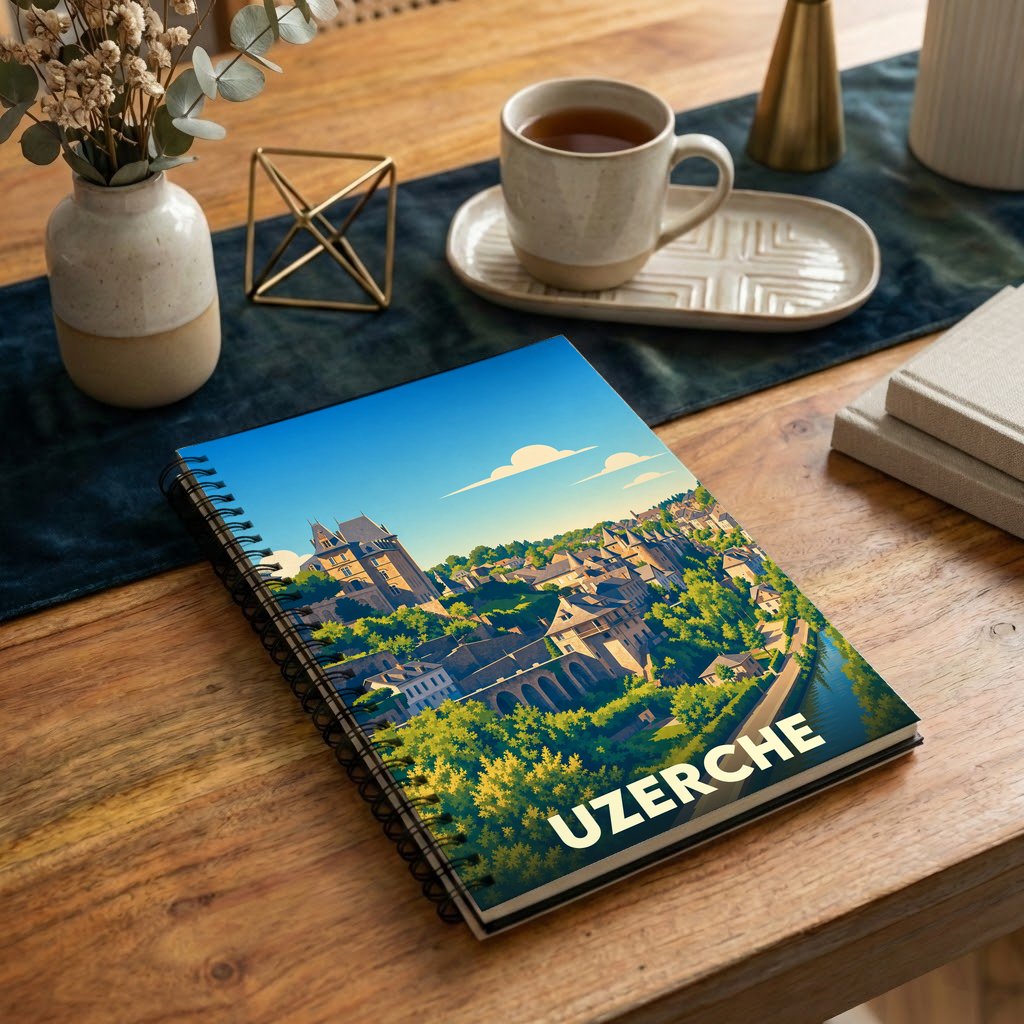 Carnet à spirales souvenir de la ville d'Uzerche avec une illustration stylisée.