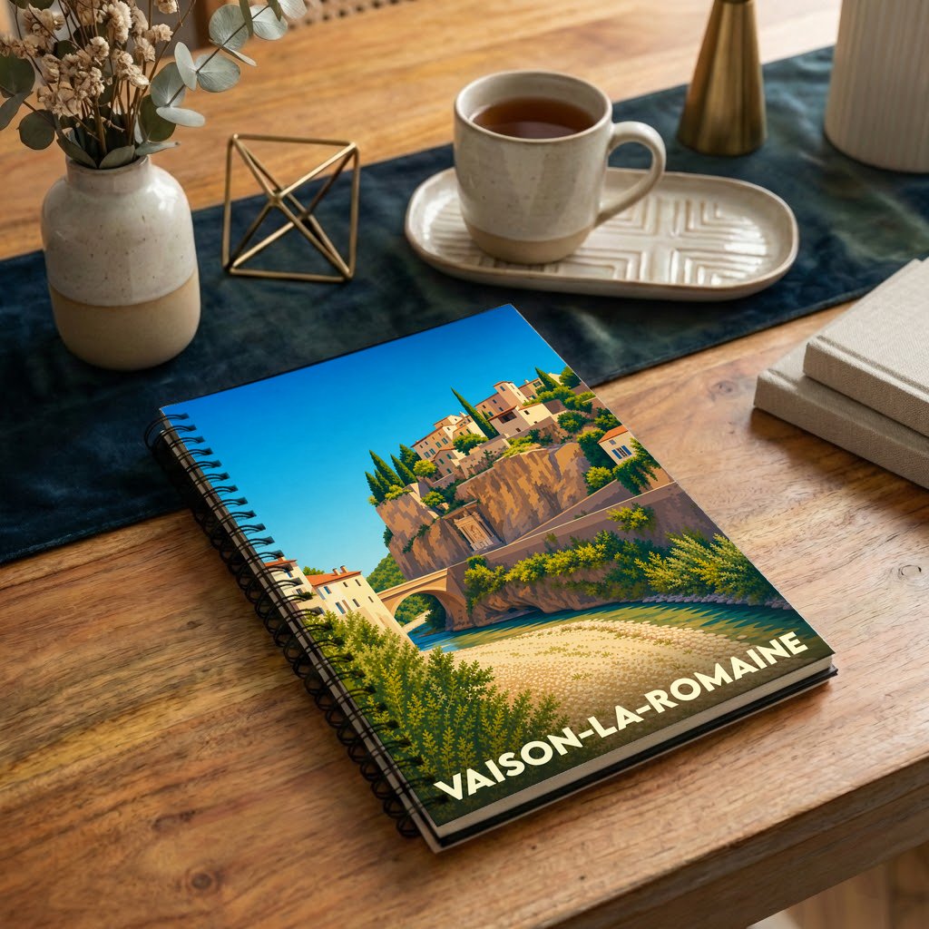 Carnet à spirales souvenir de la ville de Vaison-la-Romaine avec une illustration stylisée de son pont romain et de sa cité médiévale.