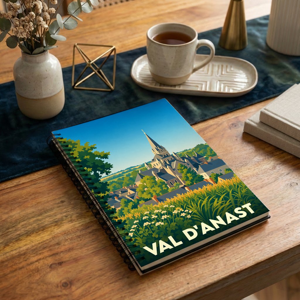 Carnet à spirales souvenir de la ville de Val d'Anast avec une illustration stylisée.
