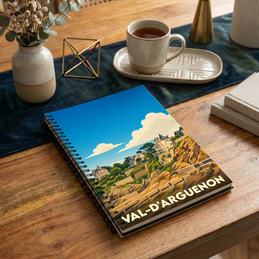 Carnet à spirales souvenir de la ville de Val-d'Arguenon avec une illustration stylisée de son paysage côtier.
