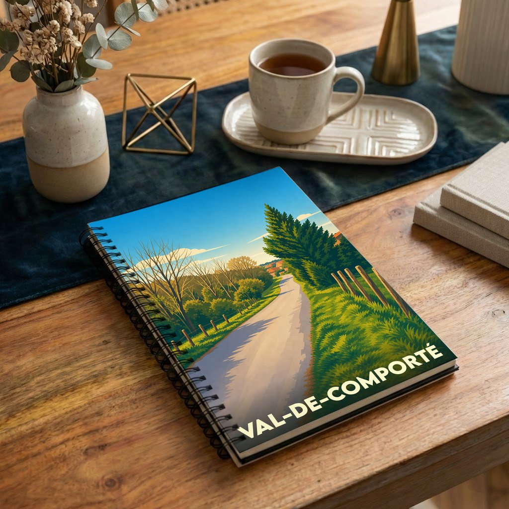 Carnet à spirales souvenir de la ville de Val-de-Comporté avec une illustration paysagère stylisée.