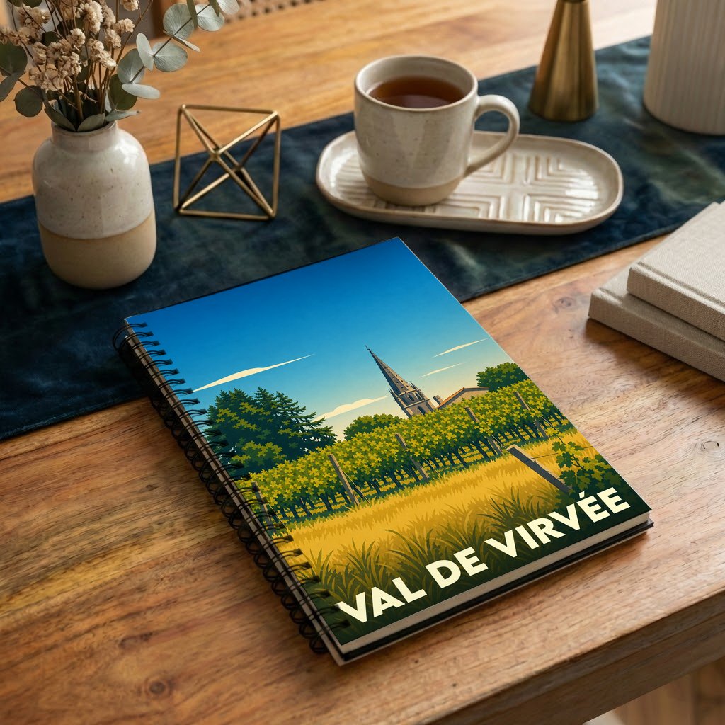Carnet à spirales souvenir de la ville de Val de Virvée avec une illustration stylisée de vignes et d'un clocher.