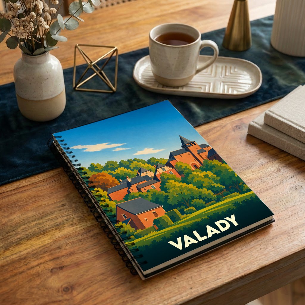 Carnet à spirales souvenir de la ville de Valady illustré d'un paysage de village stylisé.