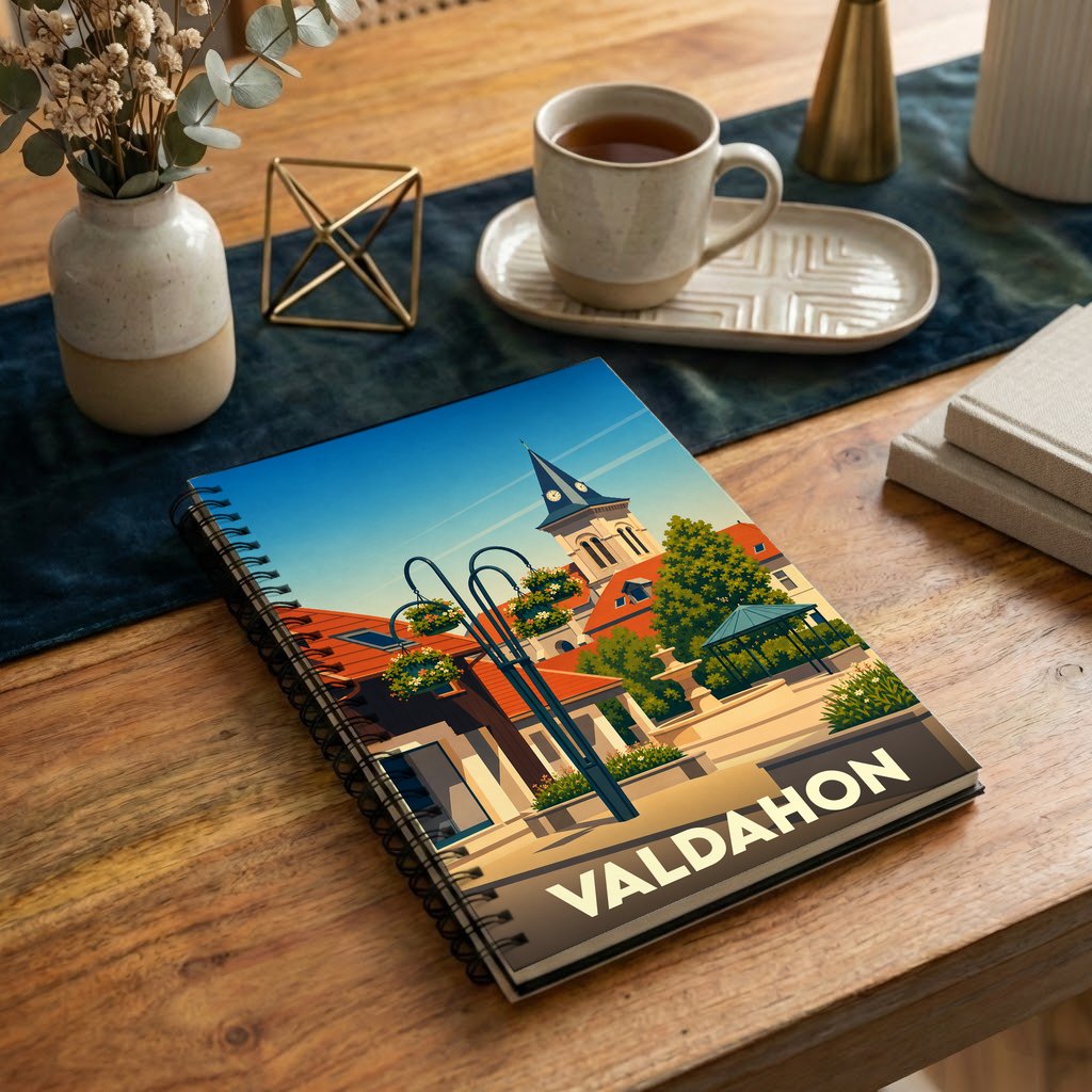 Carnet à spirale souvenir de la ville de Valdahon avec une illustration stylisée.