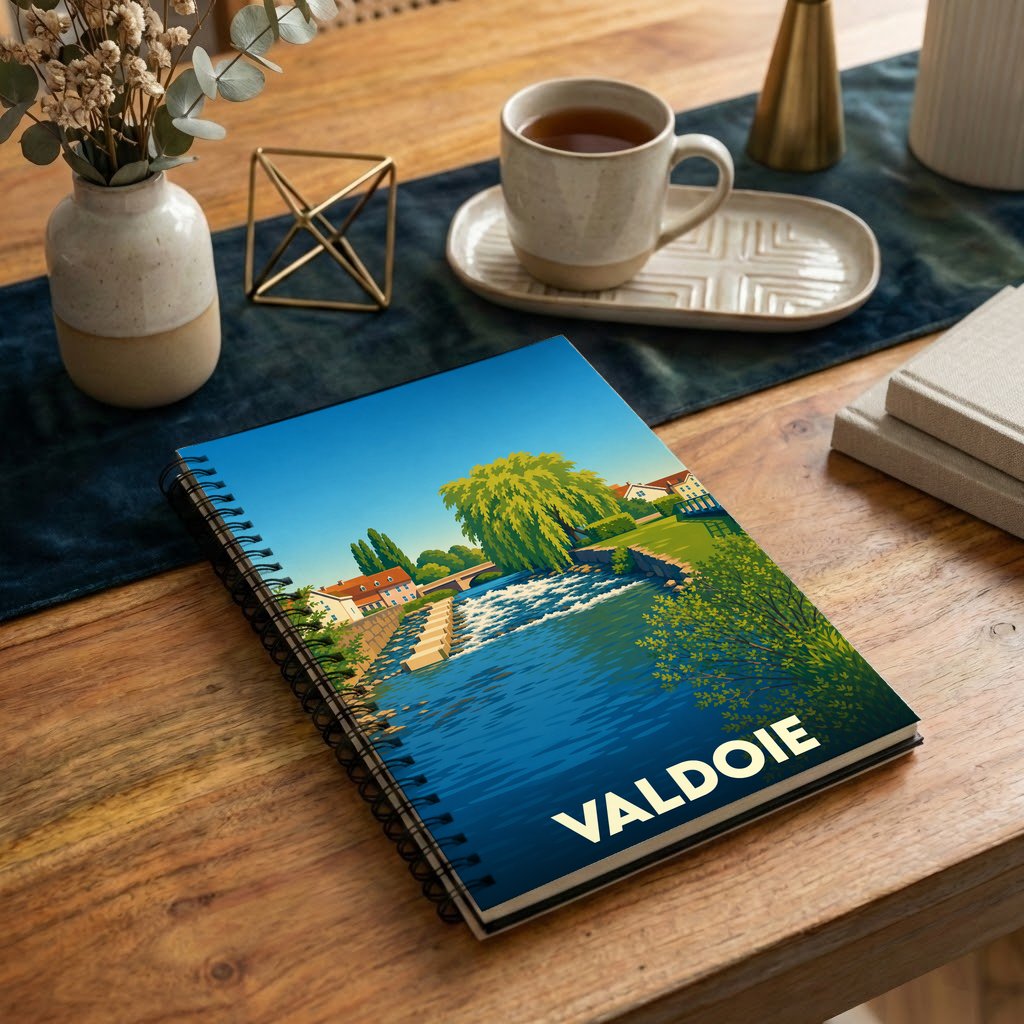 Carnet souvenir de la ville de Valdoie illustré d'une vue stylisée de la Savoureuse.