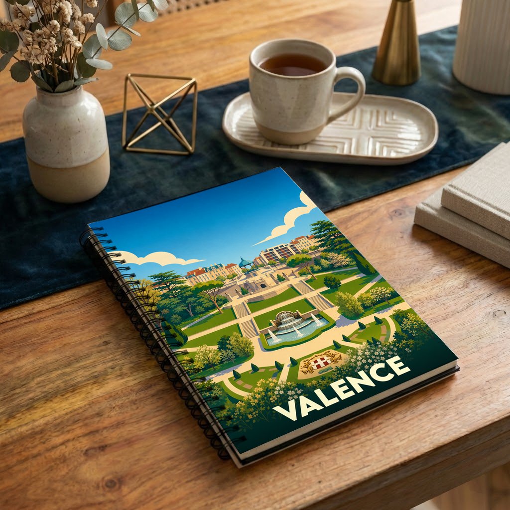 Carnet à spirales souvenir de la ville de Valence avec une illustration stylisée du parc Jouvet.